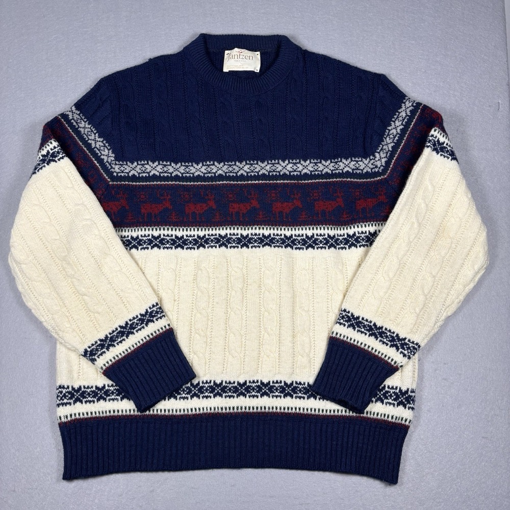 Vintage 60s Jantzen Reindeer Cable Knit Sweater Adult Size XL‎ Red White Blue